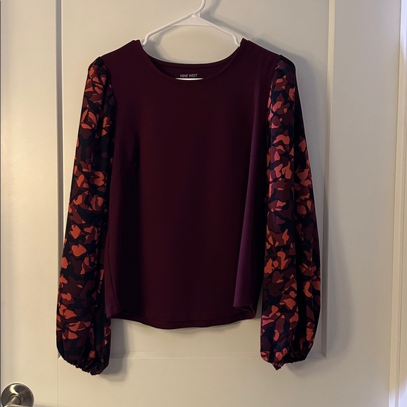 Nine West Maroon Blouse with Patterned Sleeves - Picture 1 of 3